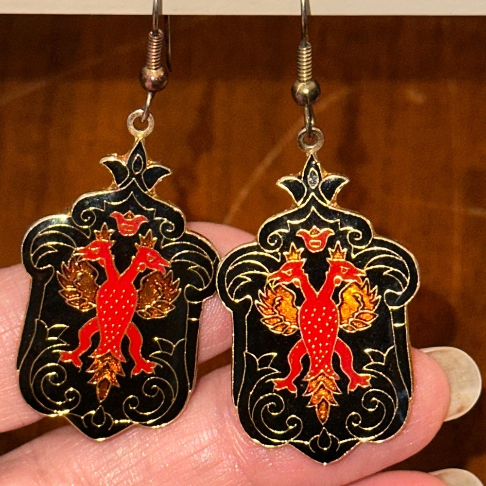 Vtg cloisonné enamel red drop earrings with a double-headed dragon or‎ phoenix